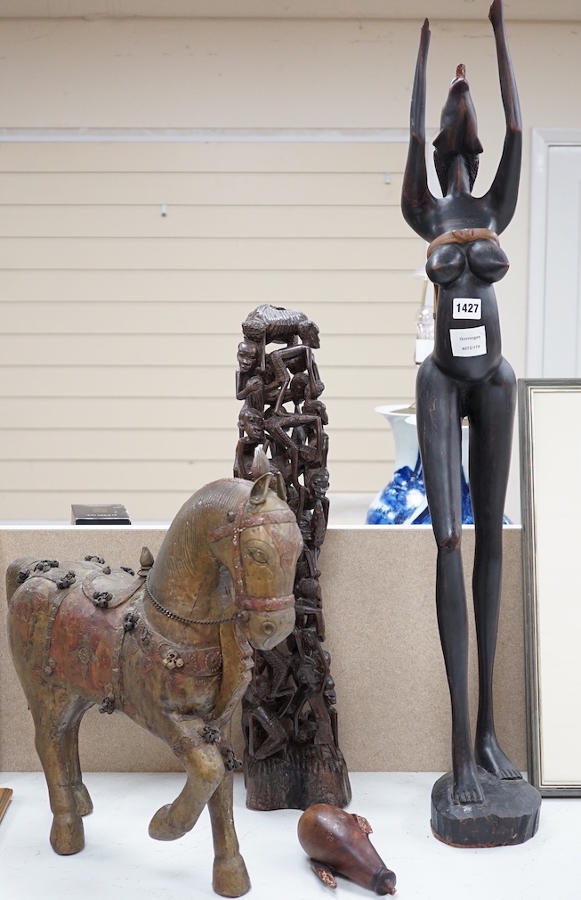 Two tribal carvings and a metal overlaid horse, horse 8 cms wide x 50 cms high.